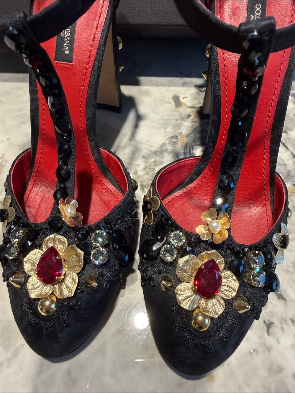 Dolce & Gabbana Black and Red Jewel-Embellished T-Strap Heels. RUNWAY - Picture 7 of 8